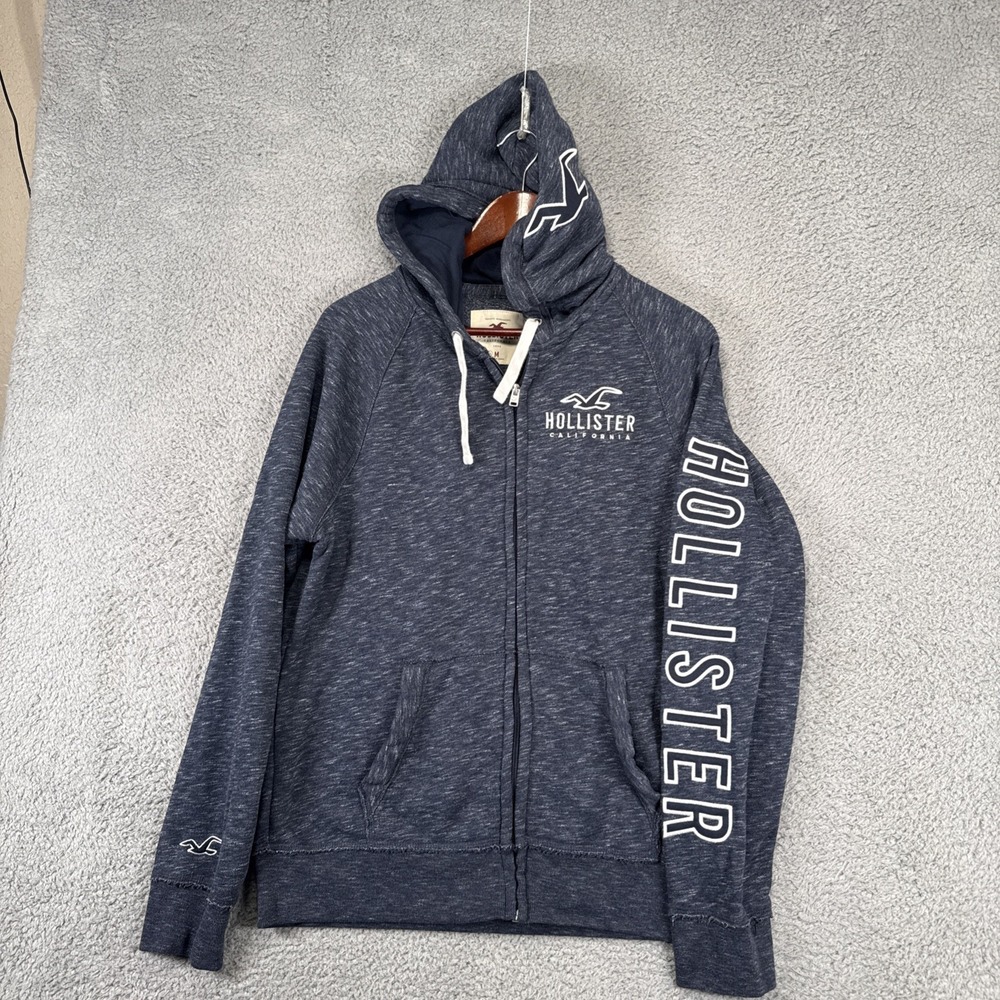 Hollister Full Zip Hoodie Mens‎ Medium blue spellout pockets Y2K